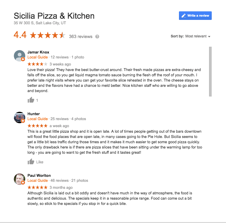 Google Reviews for pizza restaurant using local seo guide