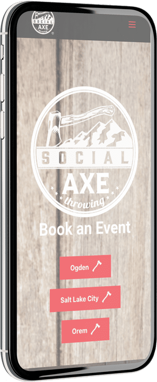 An ad for Social Axe Throwing is shown on a mobile screen as an example of Firetoss digital design services