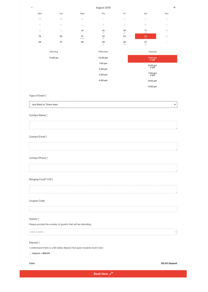 Booking form on Social Axe Throwing website