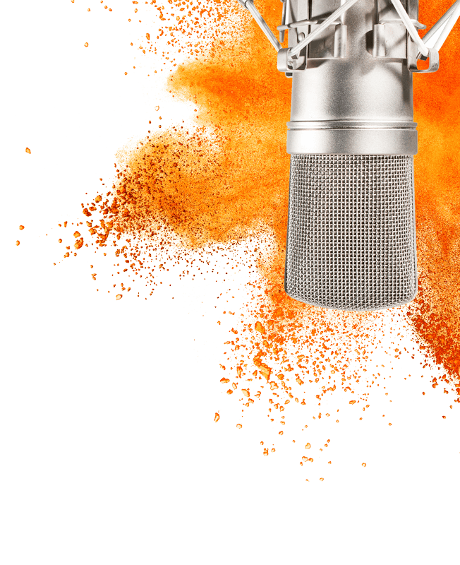 A microphone is shown with with an orange color burst behind it for the Firetoss Digital marketing podcast